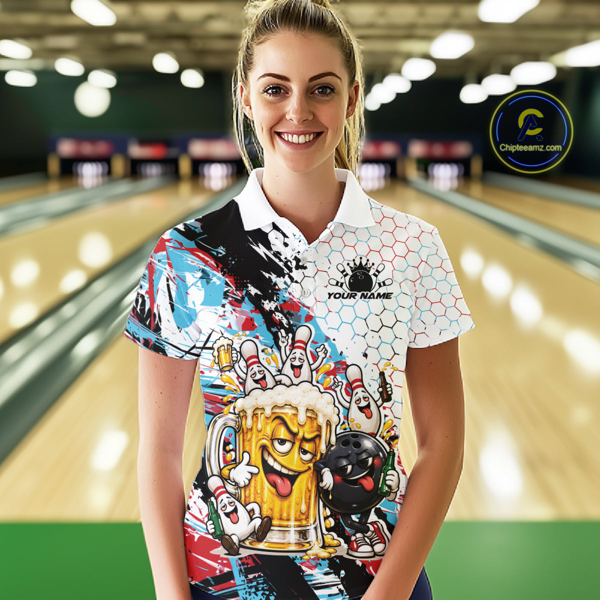 Custom Colorful Blue And Red Funny Bowling And Beer Drinking Women Polo Shirt, Team Jersey IPHW12178