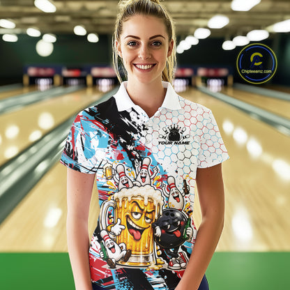 Custom Colorful Blue And Red Funny Bowling And Beer Drinking Women Polo Shirt, Team Jersey IPHW12178