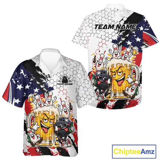 Custom Patriotic Funny Bowling And Beer US Flag Bowling Team Men And Women Button Up Shirt IPHW12179