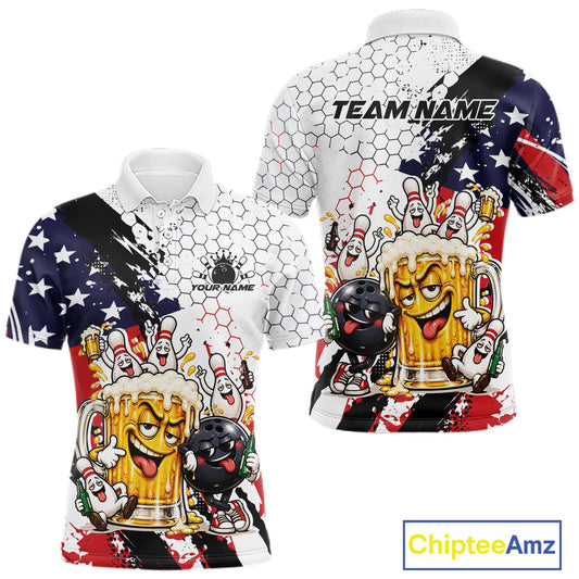 Custom Patriotic Funny Bowling And Beer US Flag Bowling Team Men Polo Shirt IPHW12179