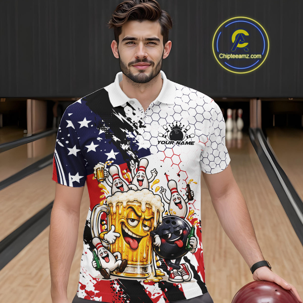 Custom Patriotic Funny Bowling And Beer US Flag Bowling Team Men Polo Shirt IPHW12179