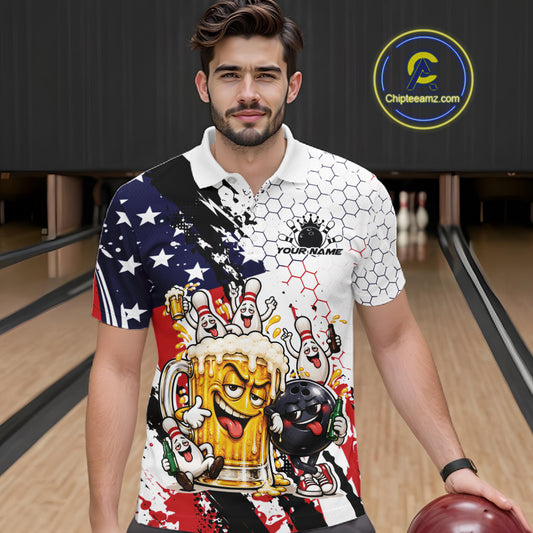 Custom Patriotic Funny Bowling And Beer US Flag Bowling Team Men Polo Shirt IPHW12179