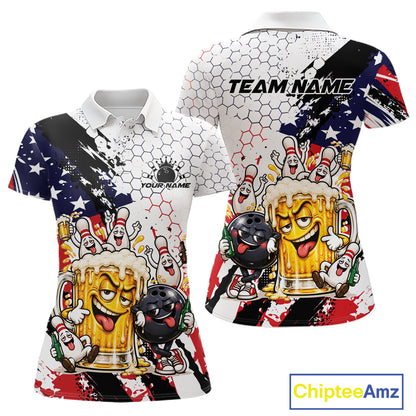 Custom Patriotic Funny Bowling And Beer US Flag Bowling Team Women Polo Shirt IPHW12179