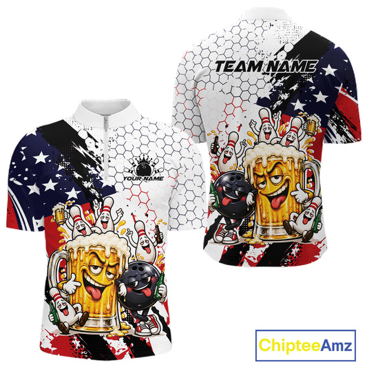 Custom Patriotic Funny Bowling And Beer US Flag Bowling Team Men Quarter Zip Shirt IPHW12179