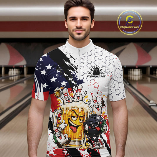 Custom Patriotic Funny Bowling And Beer US Flag Bowling Team Men Quarter Zip Shirt IPHW12179