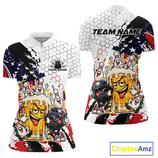 Custom Patriotic Funny Bowling And Beer US Flag Bowling Team Women Quarter-Zip Shirt IPHW12179