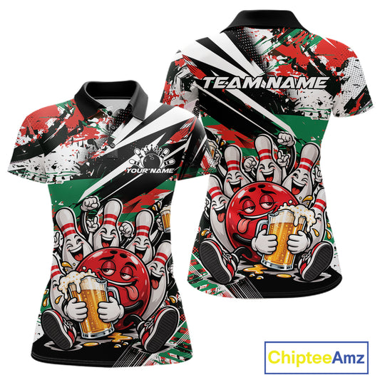 Custom Christmas Celebration Party Funny Bowling And Beer Women Polo Shirt, Bowlers Gift IPHW12180