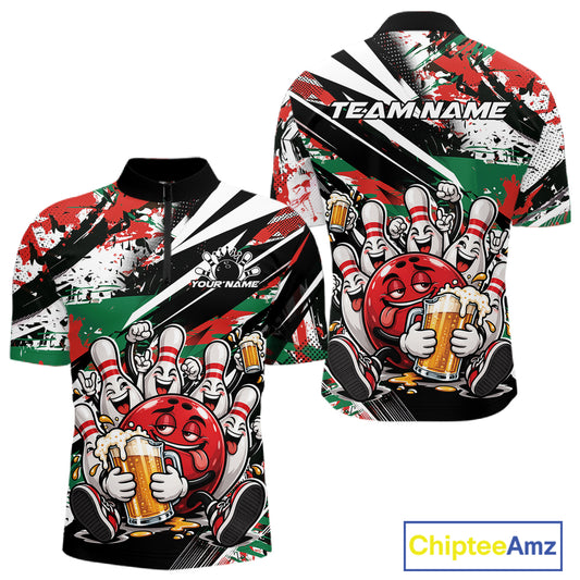 Custom Christmas Celebration Party Funny Bowling And Beer Men Quarter Zip Shirt, Bowlers Gift IPHW12180