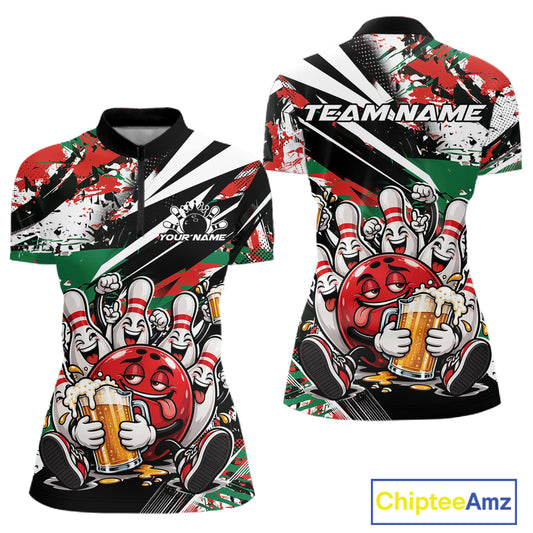 Custom Christmas Celebration Party Funny Bowling And Beer Women Quarter-Zip Shirt IPHW12180
