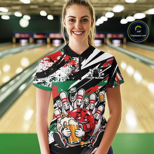 Custom Christmas Celebration Party Funny Bowling And Beer Women Quarter-Zip Shirt IPHW12180