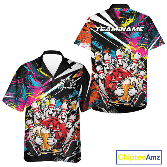 Custom Colorful Funny Bowling And Beer Men And Women Button Up Shirt, Bowling Team Jersey IPHW12182