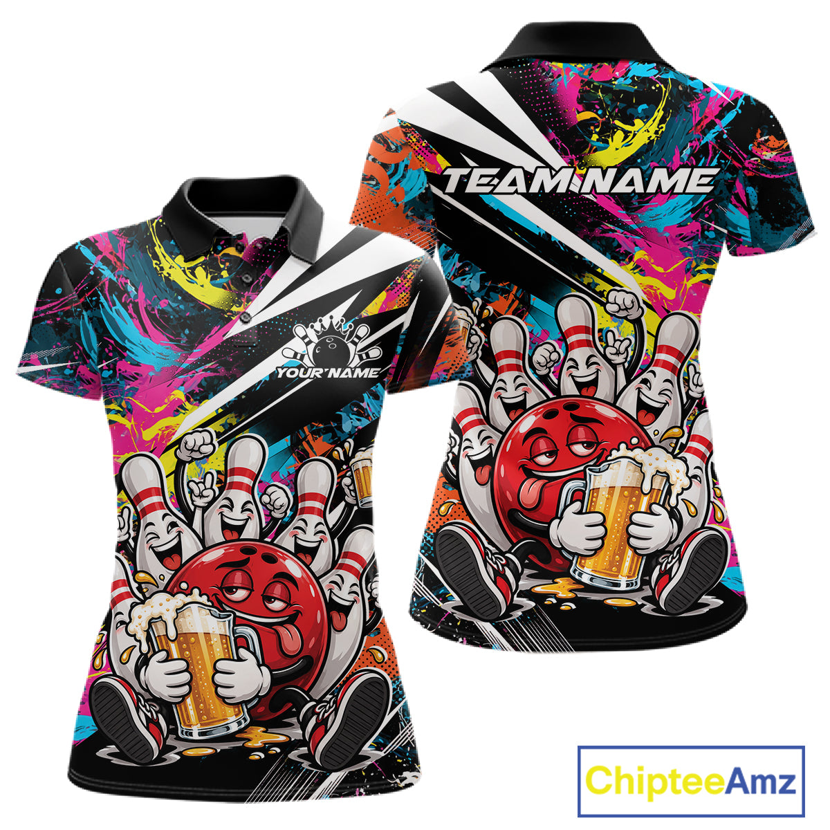 Custom Colorful Funny Bowling And Beer Women Polo Shirt, Bowling Team Jersey IPHW12182