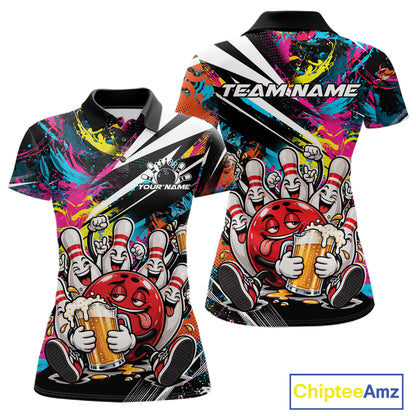 Custom Colorful Funny Bowling And Beer Women Polo Shirt, Bowling Team Jersey IPHW12182
