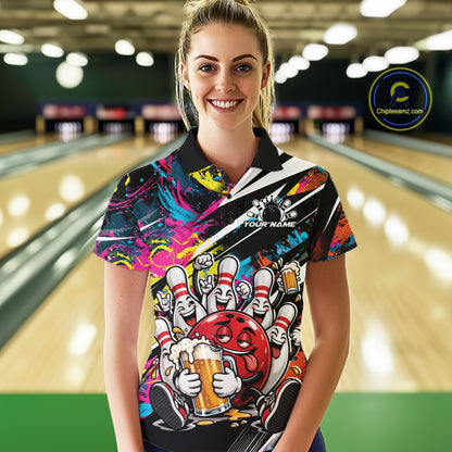 Custom Colorful Funny Bowling And Beer Women Polo Shirt, Bowling Team Jersey IPHW12182