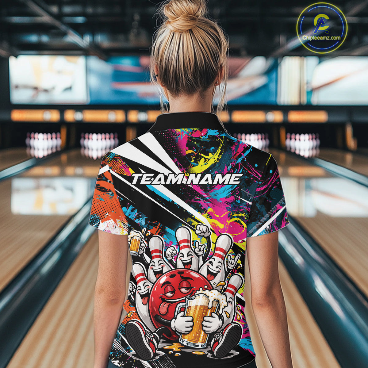 Custom Colorful Funny Bowling And Beer Women Polo Shirt, Bowling Team Jersey IPHW12182