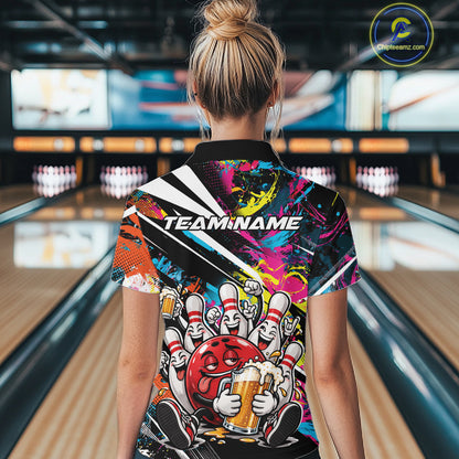 Custom Colorful Funny Bowling And Beer Women Polo Shirt, Bowling Team Jersey IPHW12182