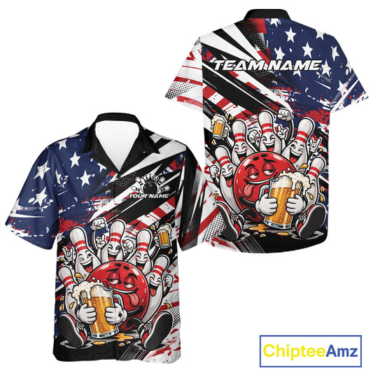 Custom Patriotic Funny Bowling And Beer Men And Women Button Up Shirt, American Flag Bowling Jersey IPHW12183