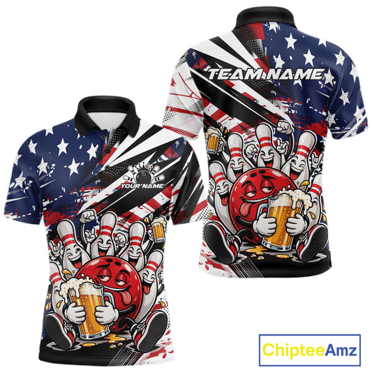 Custom Patriotic Funny Bowling And Beer Men Polo Shirt, American Flag Bowling Jersey IPHW12183