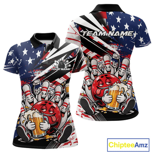 Custom Patriotic Funny Bowling And Beer Women Polo Shirt, American Flag Bowling Jersey IPHW12183