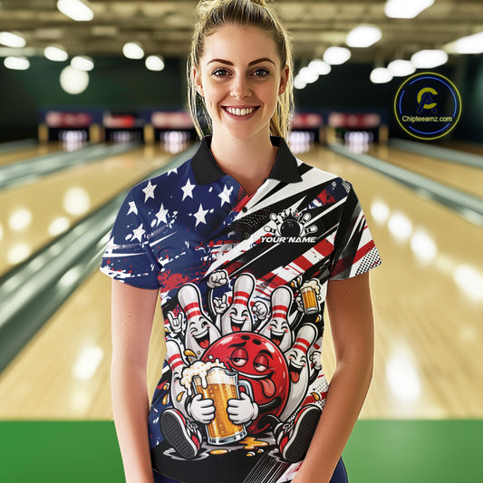 Custom Patriotic Funny Bowling And Beer Women Polo Shirt, American Flag Bowling Jersey IPHW12183