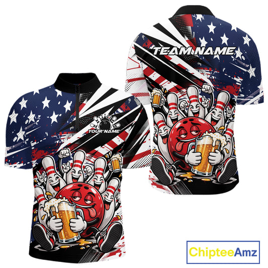 Custom Patriotic Funny Bowling And Beer Men Quarter Zip Shirt, American Flag Bowling Jersey IPHW12183