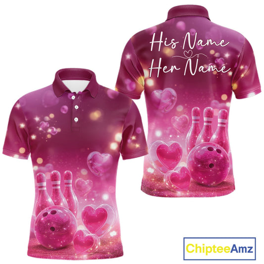 Custom Pink Valentine Bowling Couple Shirts, Pink Heart Theme Bowling Jerseys With His Name And Her Name IPHW10462