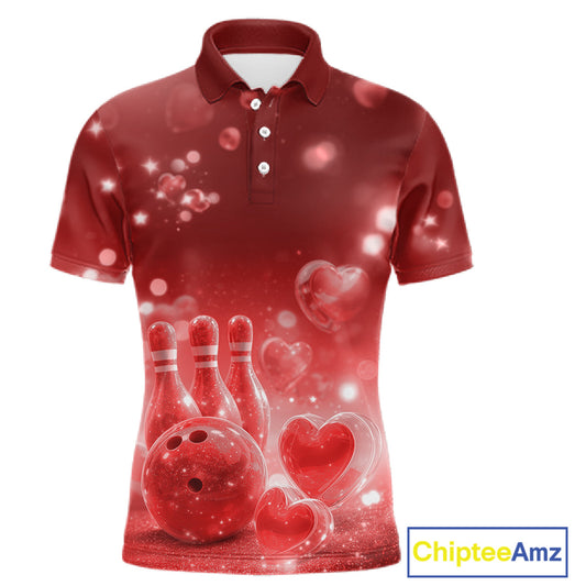 Custom Red Valentine Bowling Couple Shirts, Red Heart Theme Bowling Jerseys With His Name And Her Name IPHW10463