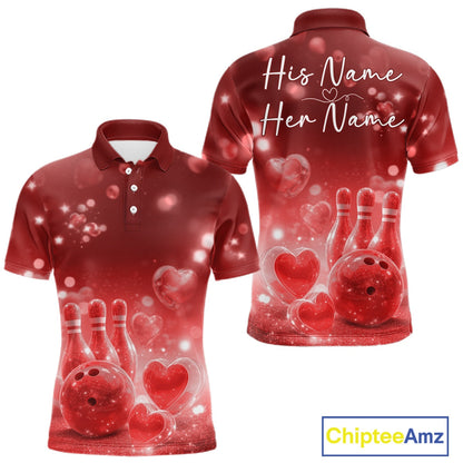 Custom Red Valentine Bowling Couple Shirts, Red Heart Theme Bowling Jerseys With His Name And Her Name IPHW10463