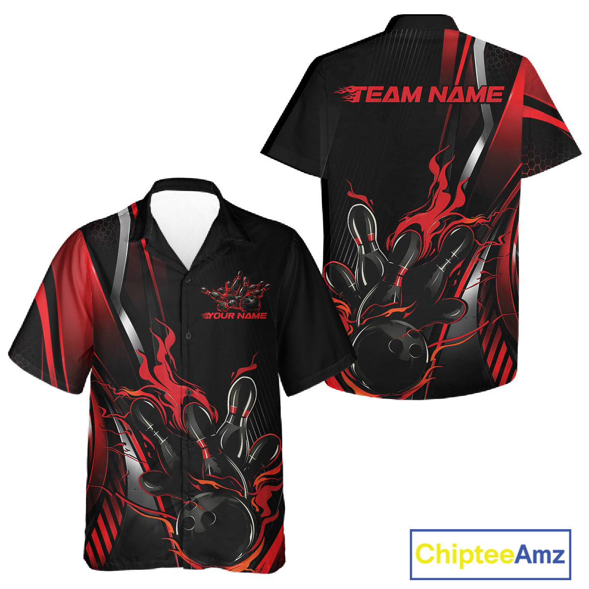 Custom Black And Red Flame Bowling Jersey, Bowling Tournament Team Men And Women Button Up Shirt IPHW12198