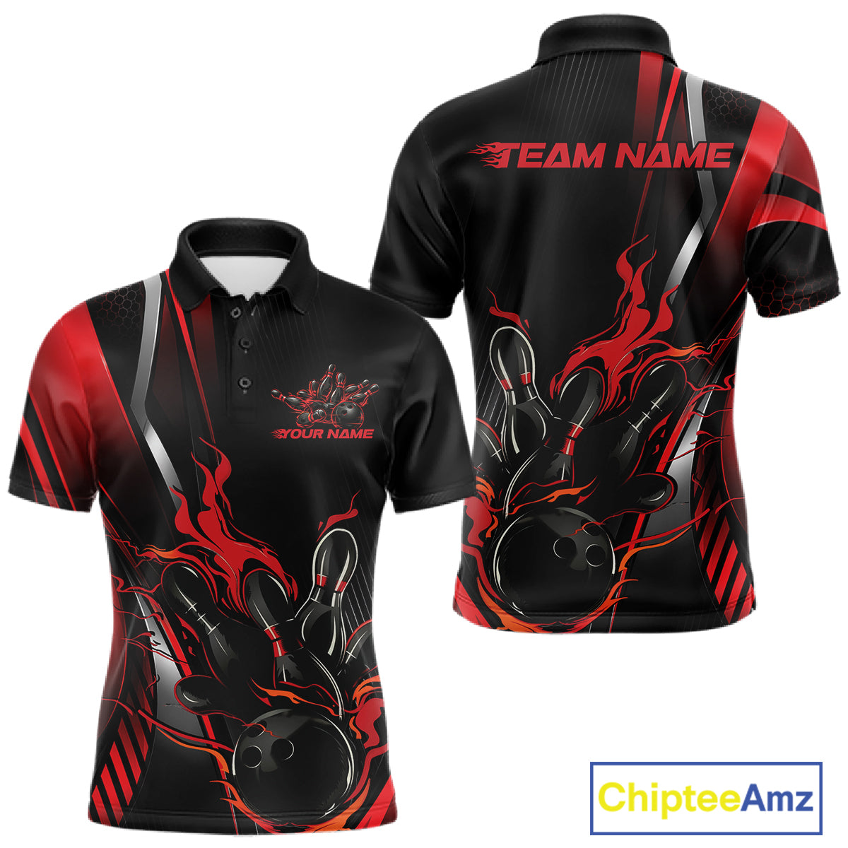 Custom Black And Red Flame Bowling Jersey, Bowling Tournament Team Men Polo Shirt IPHW12198