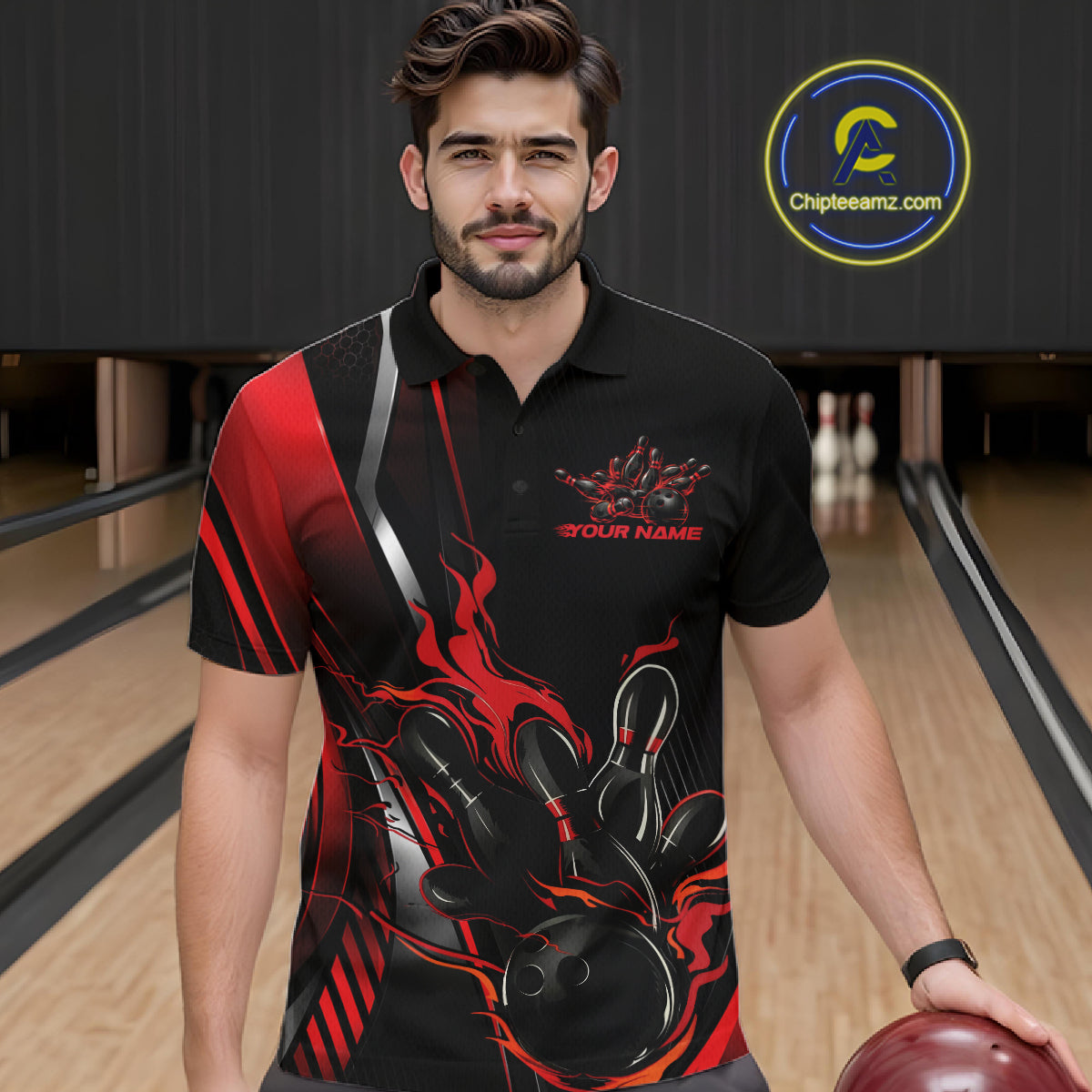 Custom Black And Red Flame Bowling Jersey, Bowling Tournament Team Men Polo Shirt IPHW12198
