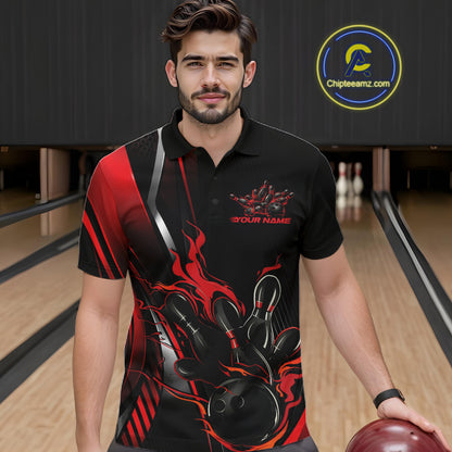 Custom Black And Red Flame Bowling Jersey, Bowling Tournament Team Men Polo Shirt IPHW12198