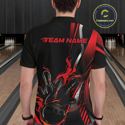 Custom Black And Red Flame Bowling Jersey, Bowling Tournament Team Men Polo Shirt IPHW12198