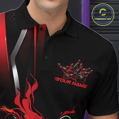 Custom Black And Red Flame Bowling Jersey, Bowling Tournament Team Men Polo Shirt IPHW12198