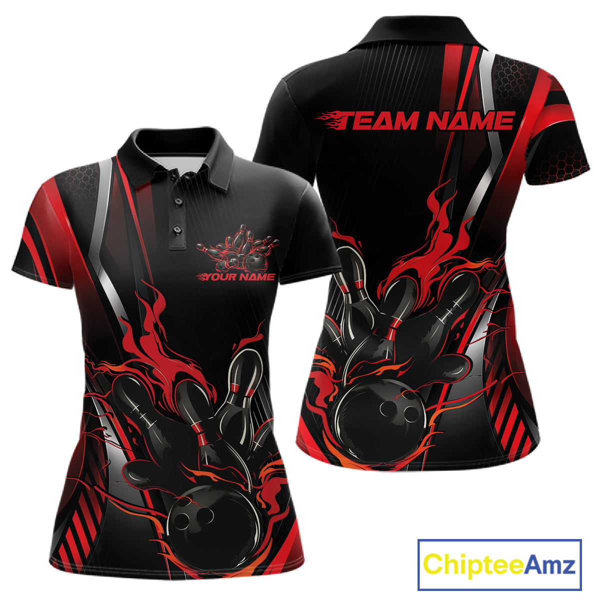 Custom Black And Red Flame Bowling Jersey, Bowling Tournament Team Women Polo Shirt IPHW12198