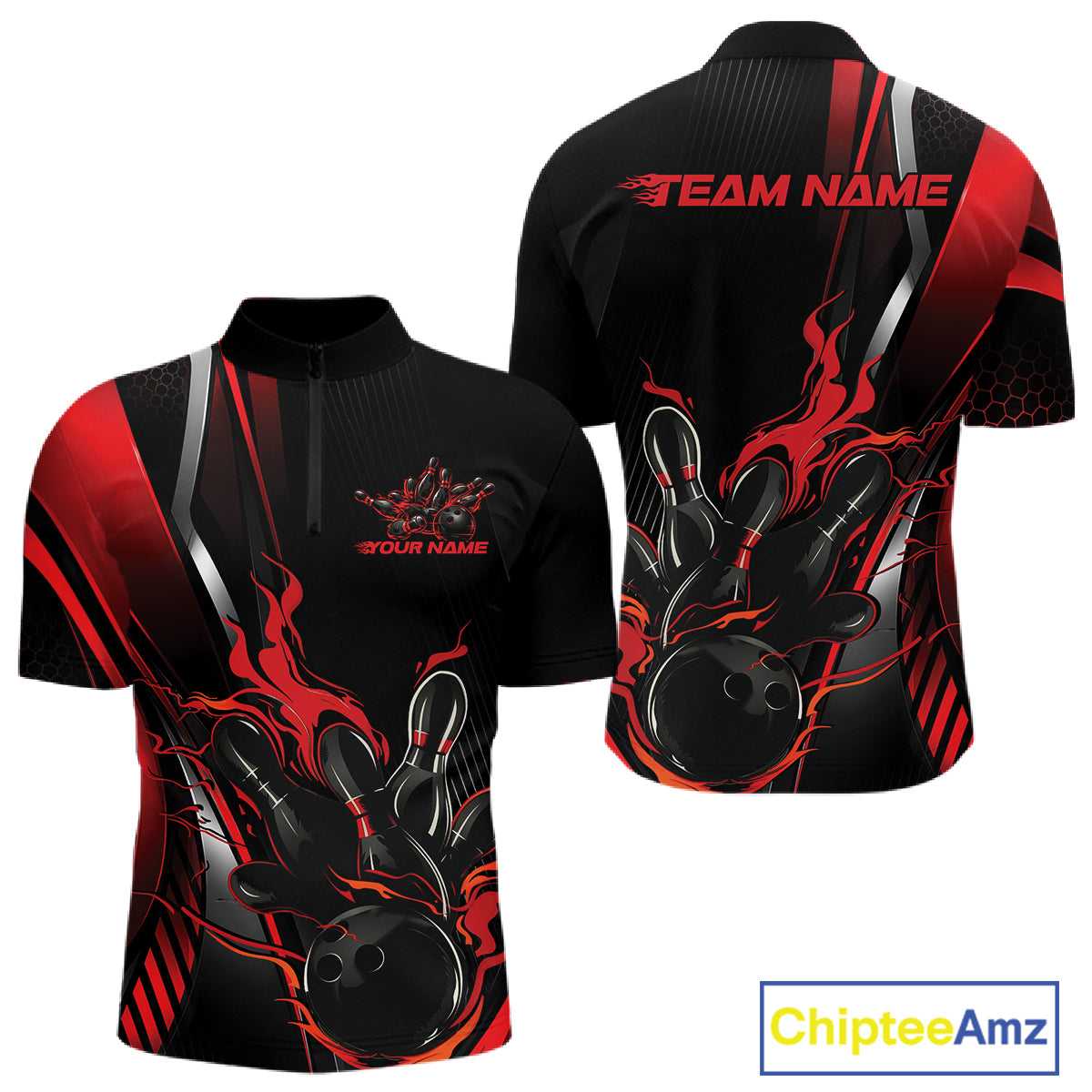 Custom Black And Red Flame Bowling Jersey, Bowling Tournament Team Men Quarter Zip Shirt IPHW12198