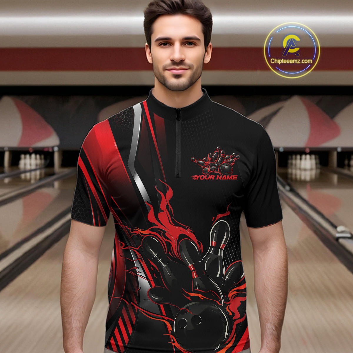Custom Black And Red Flame Bowling Jersey, Bowling Tournament Team Men Quarter Zip Shirt IPHW12198