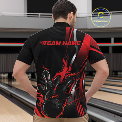 Custom Black And Red Flame Bowling Jersey, Bowling Tournament Team Men Quarter Zip Shirt IPHW12198