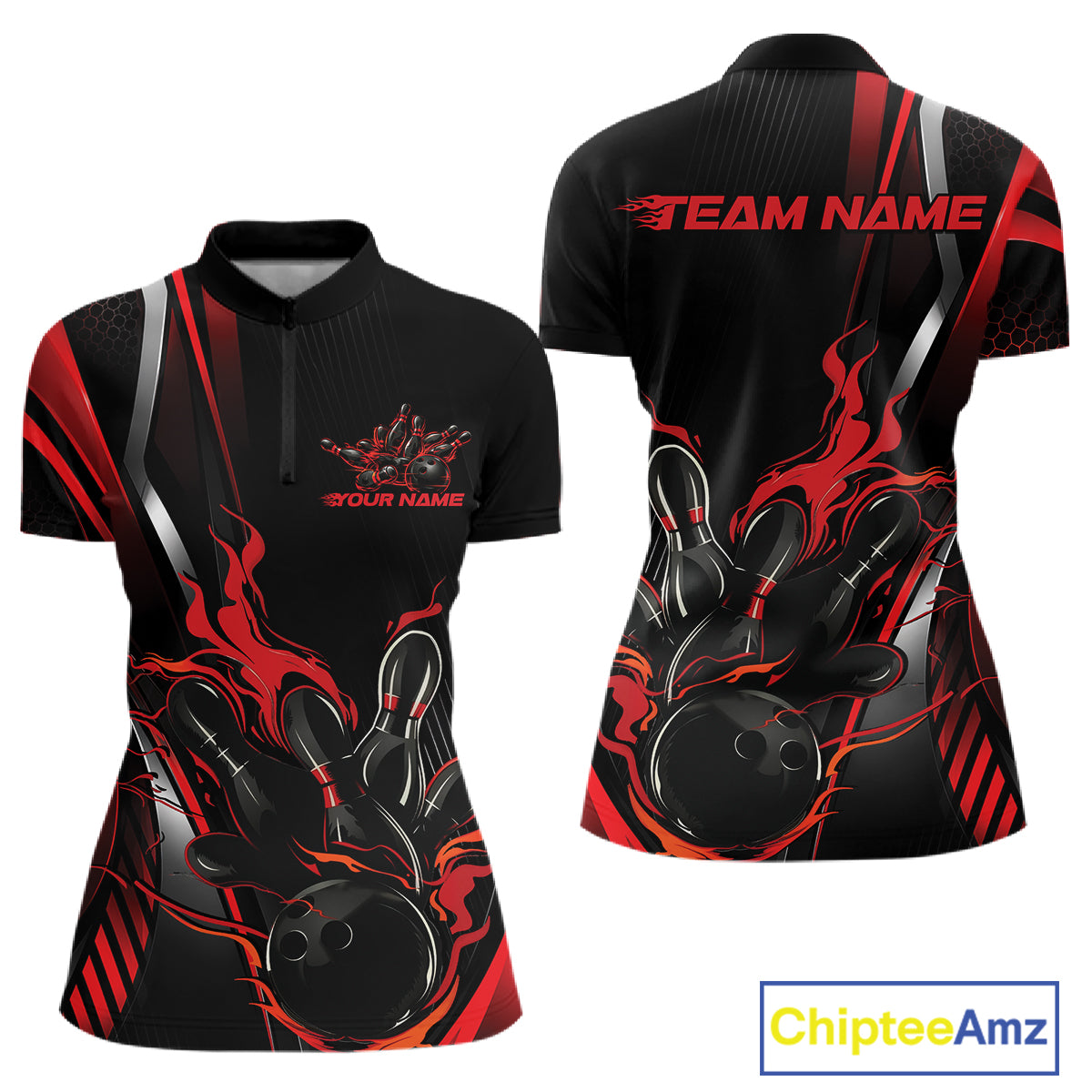 Custom Black And Red Flame Bowling Jersey, Bowling Team Women Quarter-Zip Shirt IPHW12198