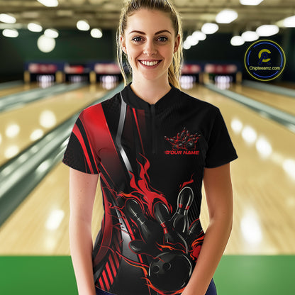 Custom Black And Red Flame Bowling Jersey, Bowling Team Women Quarter-Zip Shirt IPHW12198