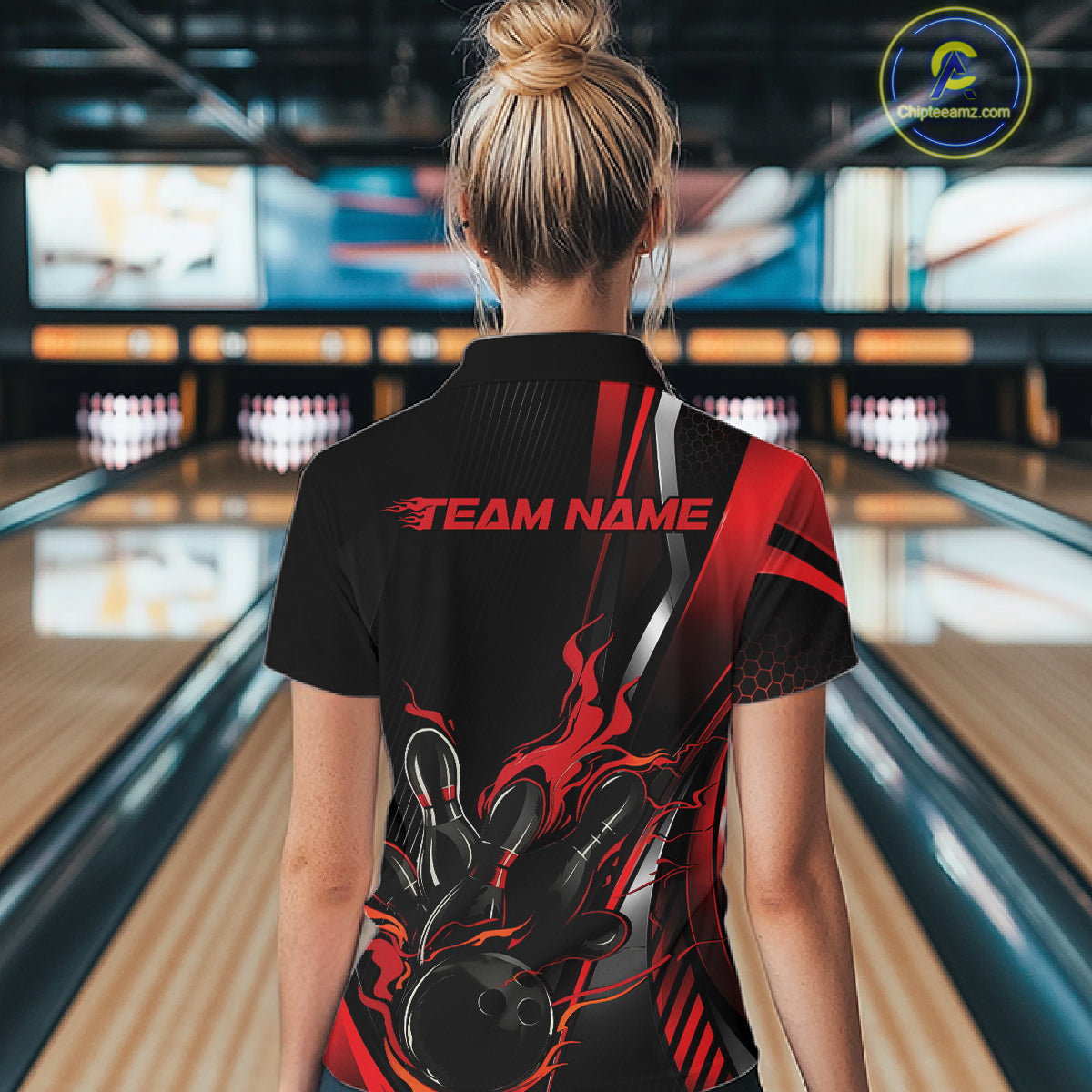 Custom Black And Red Flame Bowling Jersey, Bowling Team Women Quarter-Zip Shirt IPHW12198