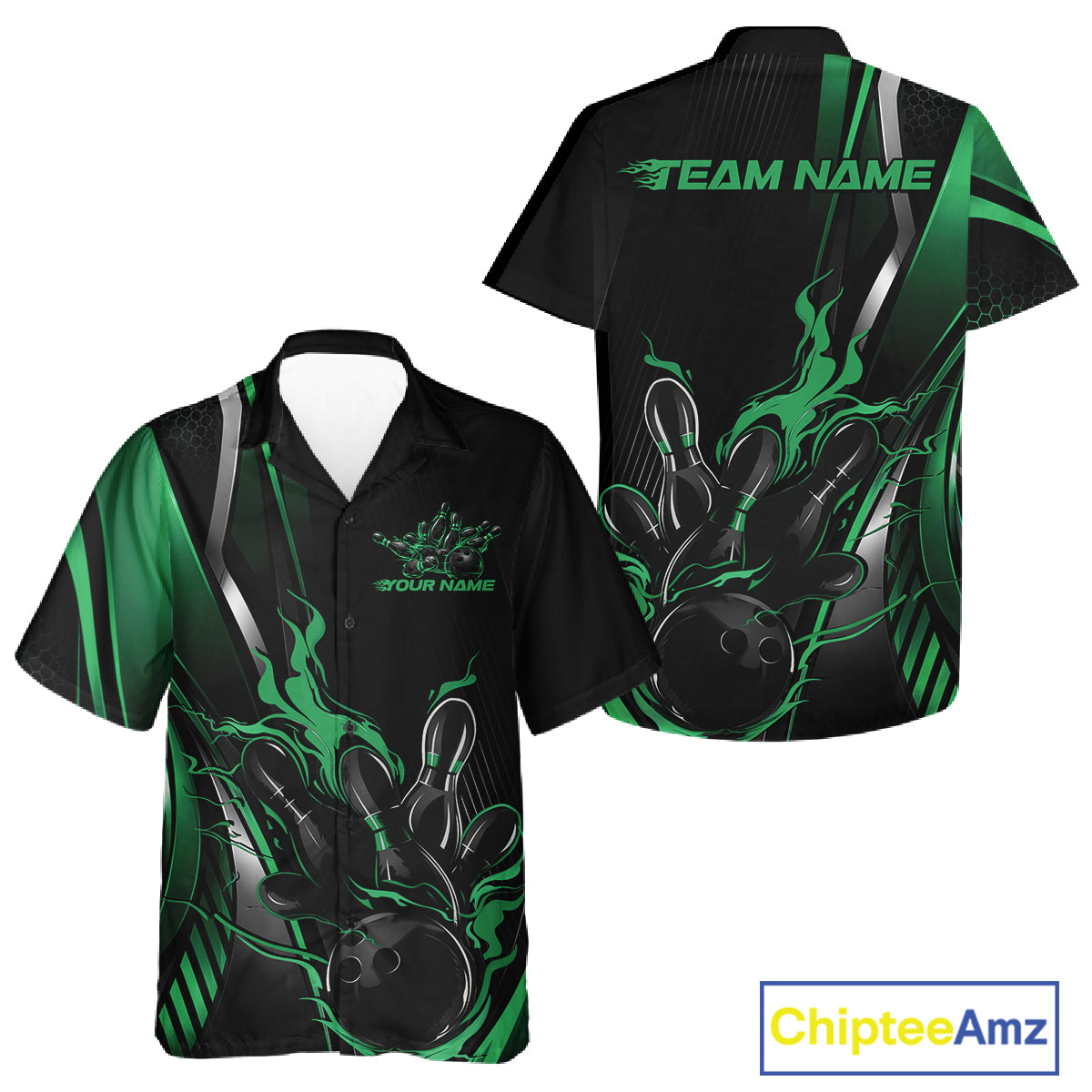 Custom Black And Green Flame Bowling Jersey, Bowling Tournament Team Men And Women Button Up Shirt IPHW12199