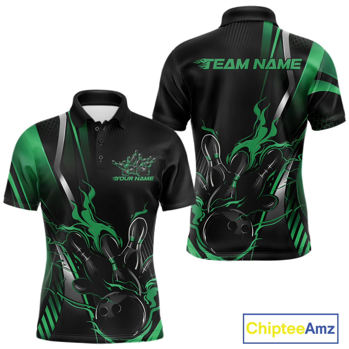 Custom Black And Green Flame Bowling Jersey, Bowling Tournament Team Men Polo Shirt IPHW12199