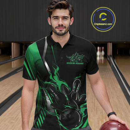 Custom Black And Green Flame Bowling Jersey, Bowling Tournament Team Men Polo Shirt IPHW12199
