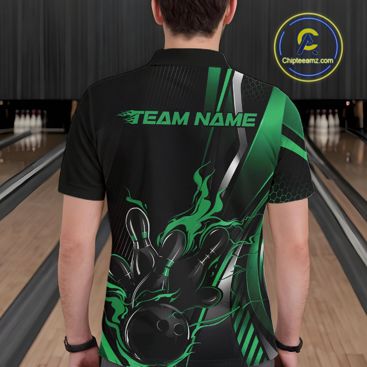 Custom Black And Green Flame Bowling Jersey, Bowling Tournament Team Men Polo Shirt IPHW12199