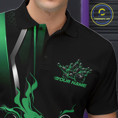 Custom Black And Green Flame Bowling Jersey, Bowling Tournament Team Men Polo Shirt IPHW12199