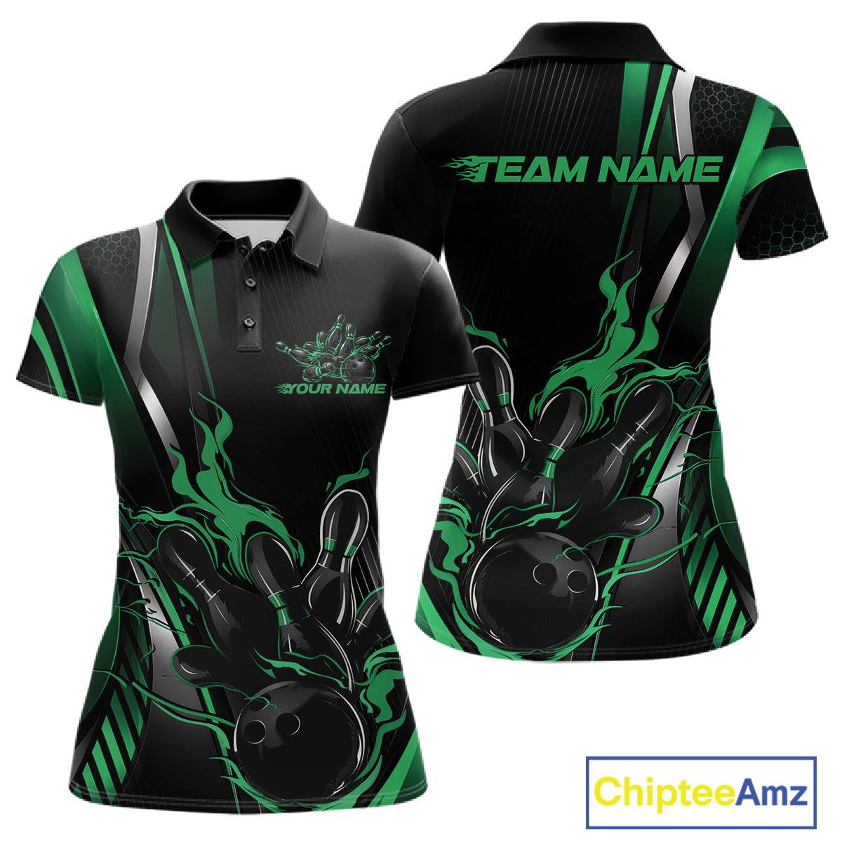 Custom Black And Green Flame Bowling Jersey, Bowling Tournament Team Women Polo Shirt IPHW12199