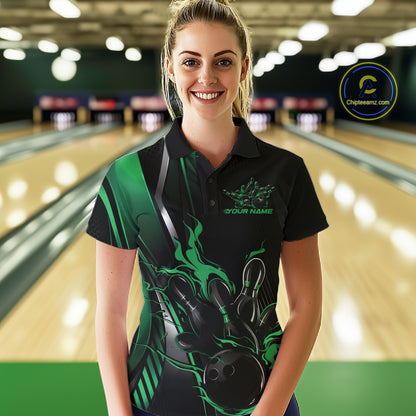 Custom Black And Green Flame Bowling Jersey, Bowling Tournament Team Women Polo Shirt IPHW12199