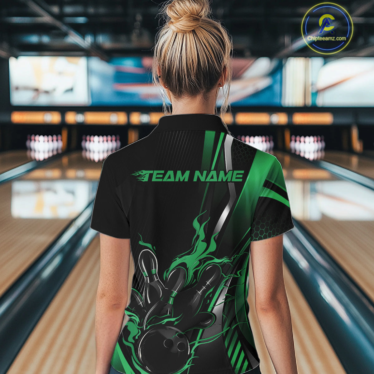 Custom Black And Green Flame Bowling Jersey, Bowling Tournament Team Women Polo Shirt IPHW12199