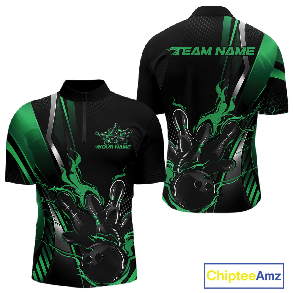 Custom Black And Green Flame Bowling Jersey, Bowling Tournament Team Men Quarter Zip Shirt IPHW12199